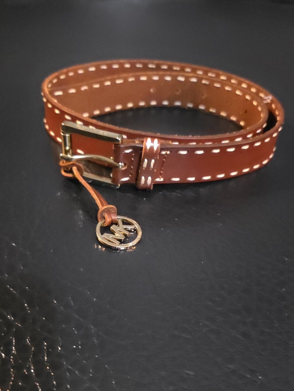Michael Kors Brown Leather Logo MK Charm Buckle Belt